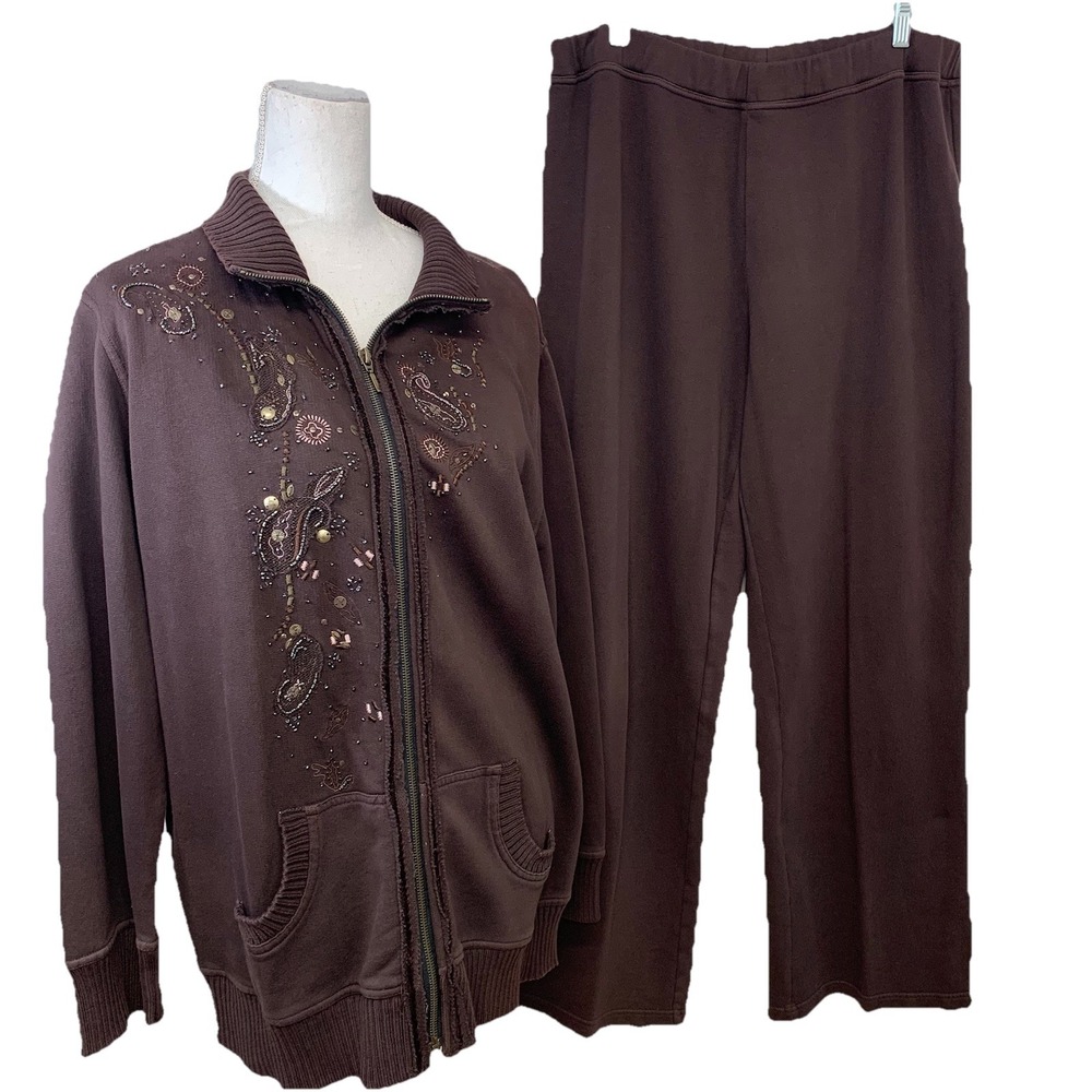 Spa by Chicos Brown Beaded Tracksuit Set Full Zip Jacket Pants Sz 3 US XL